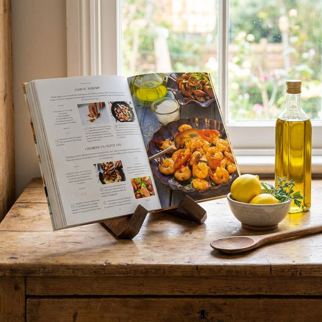 Cookbook open on a stand with a plate of food and lemons on a wooden table.