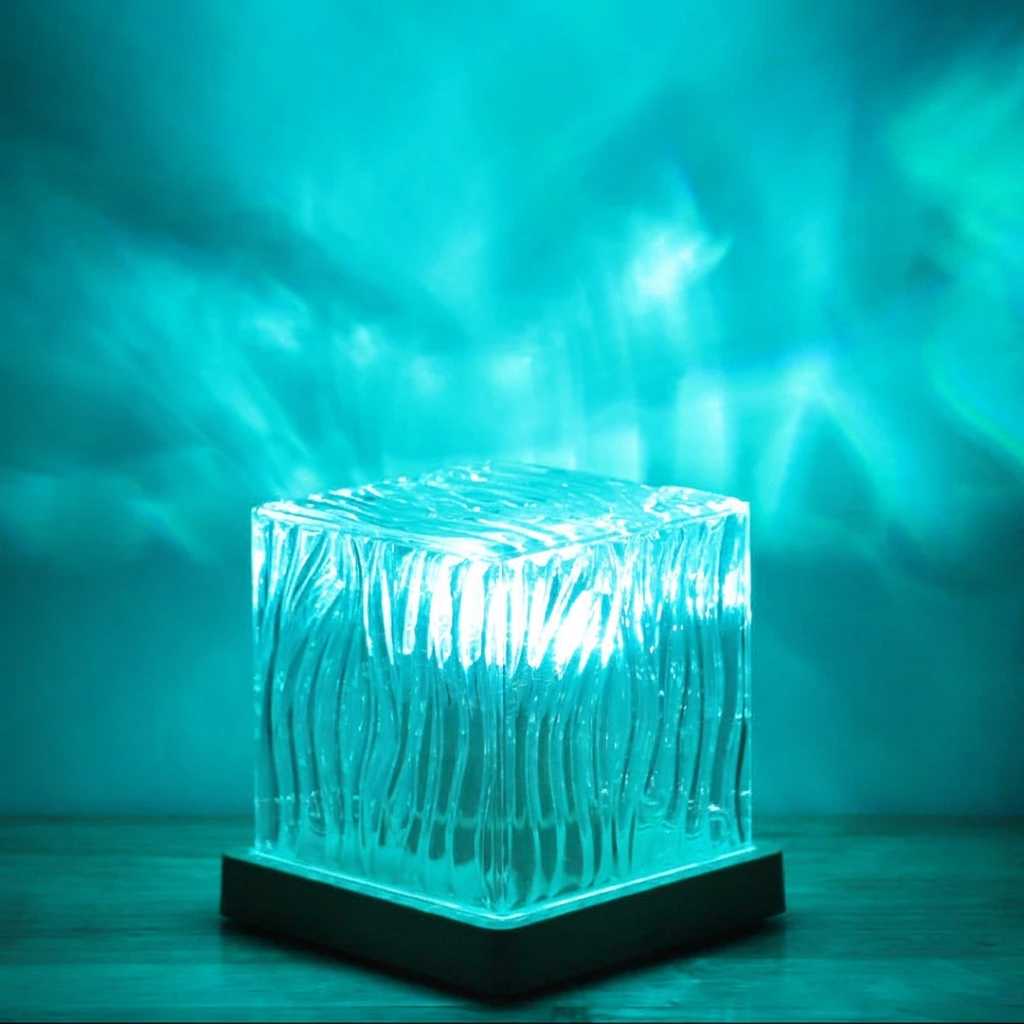 Clear glass cube with wavy design on a black base against a teal background