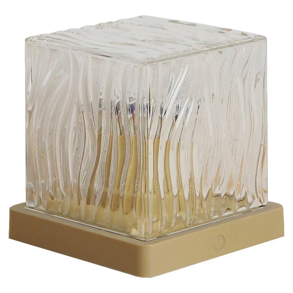 Square glass candle holder with wavy design on a beige base