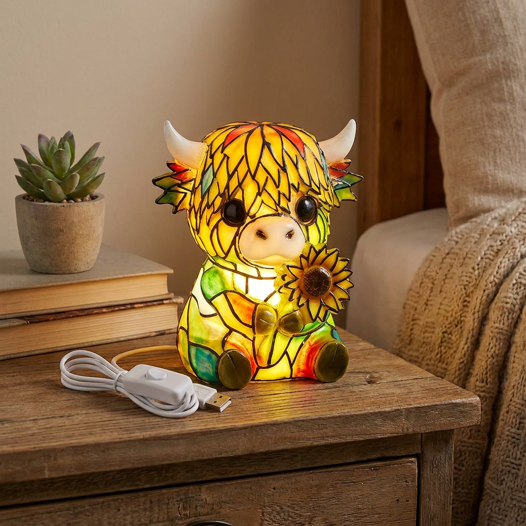 Resin cow lamp on a wooden surface with a plant and books in the background