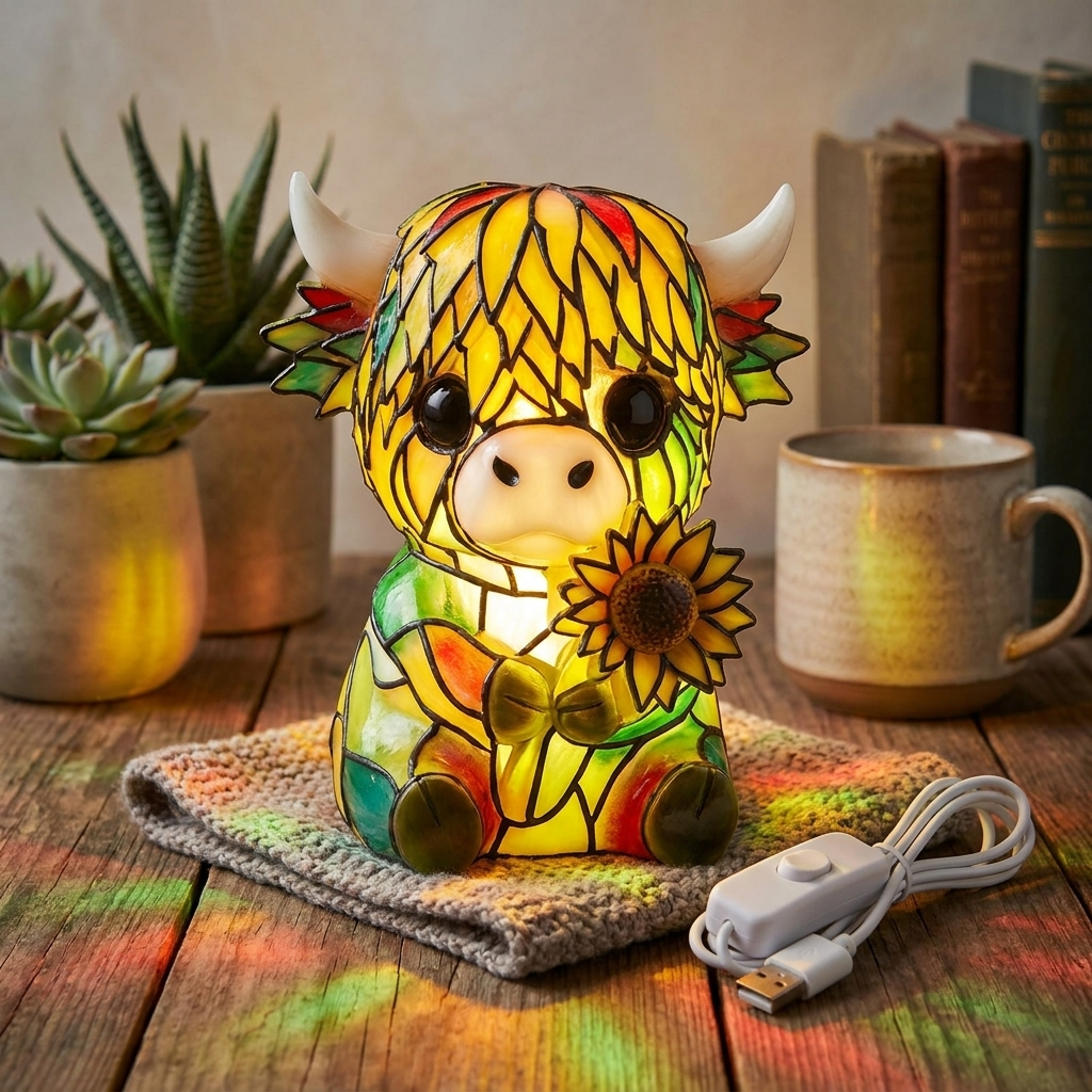 Resin cow lamp on a wooden surface with plants and books in the background