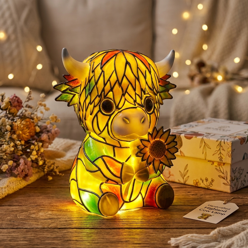 Resin cow lamp on a wooden surface with plants and books in the background
