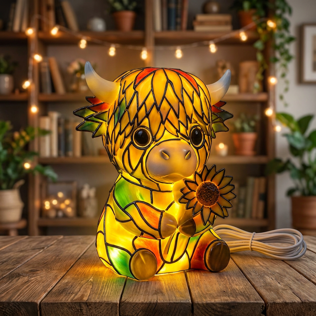 Resin cow lamp on a wooden surface with plants and books in the background