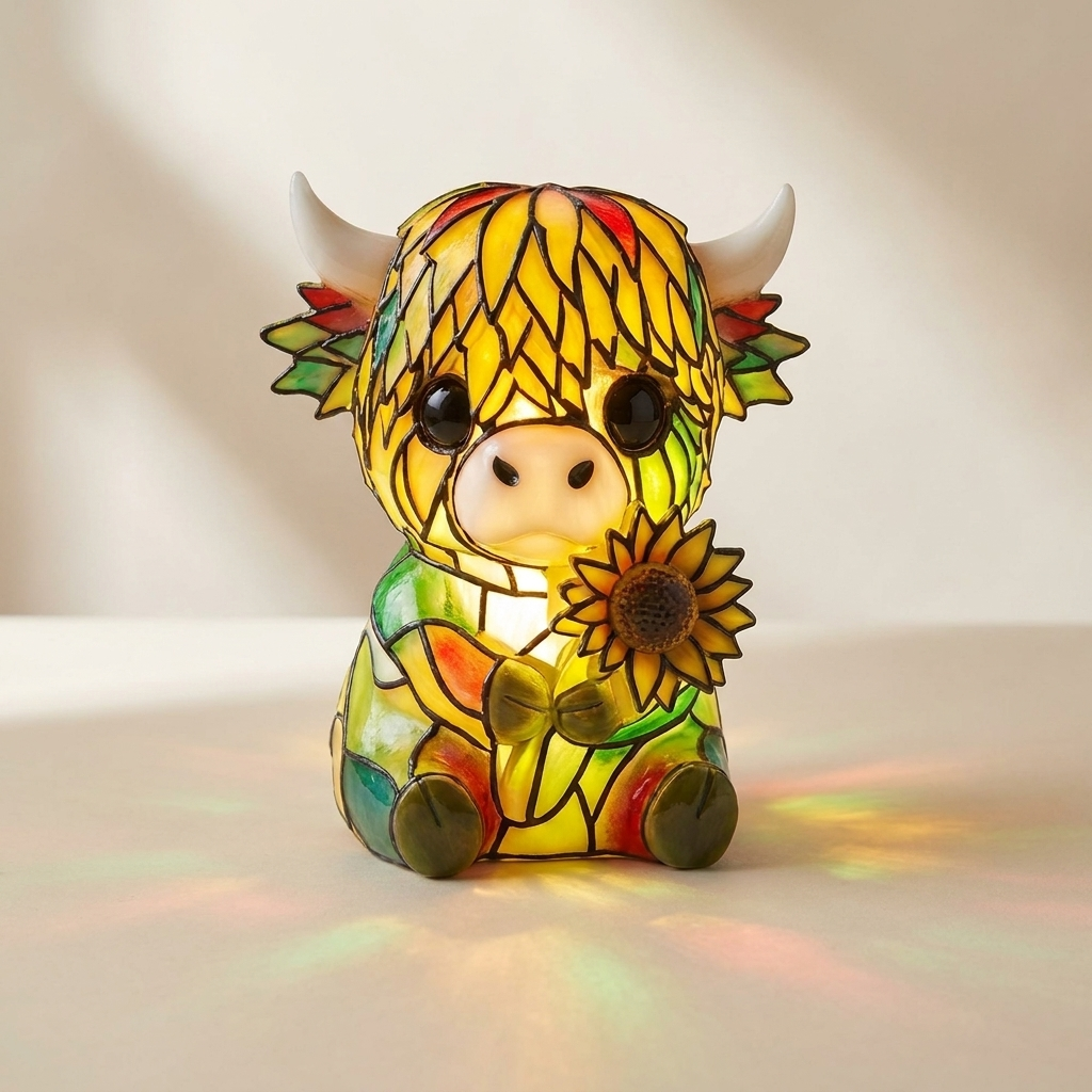 Colorful Mosaic Highland Cow Lamp with Sunflower – 3D Decorative Animal Table Night Light for Bedroom and Living Room Decor