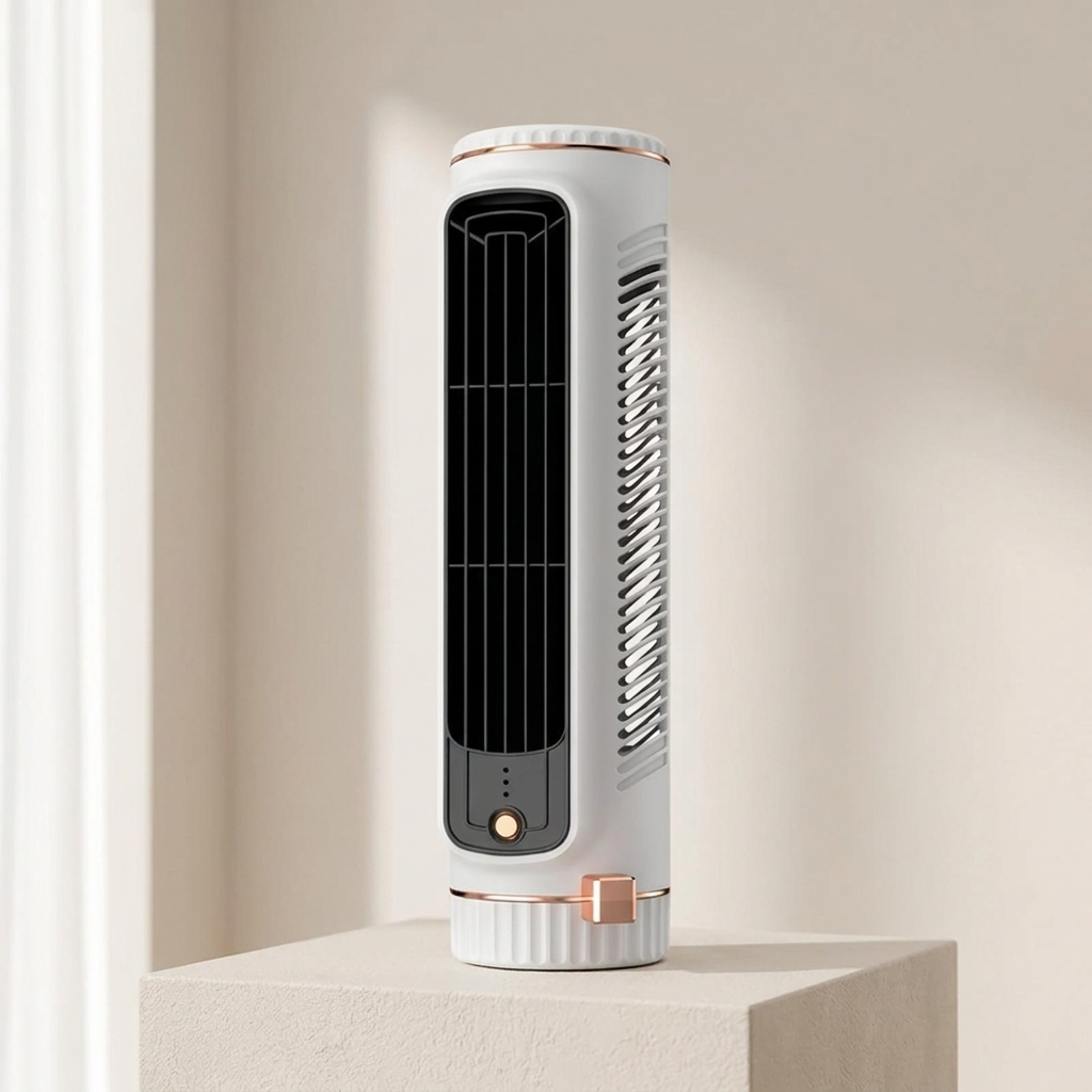 Tall white and black air conditioner on a beige surface with a neutral background