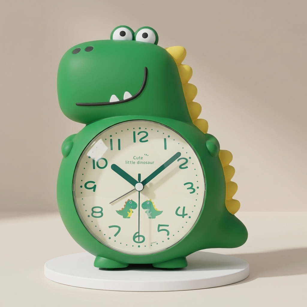 Green dinosaur-shaped clock on a beige background