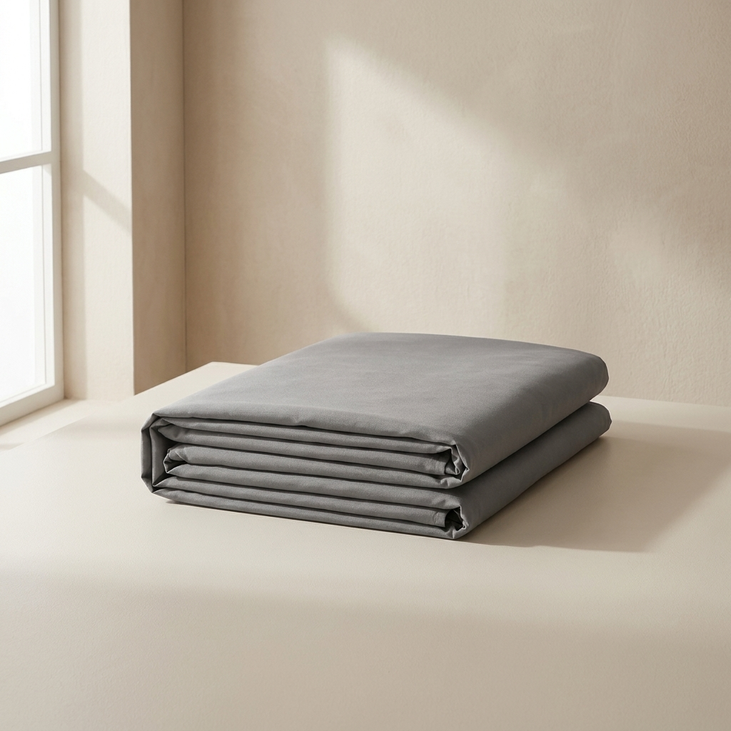 Folded gray blanket on a light surface with a neutral background