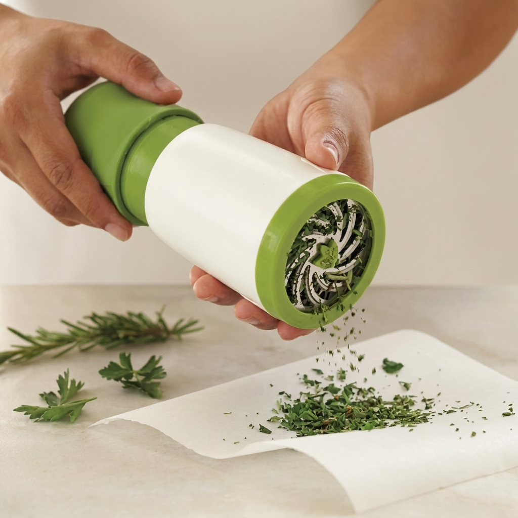 Person using a green and white herb grinder on a white surface with herbs around