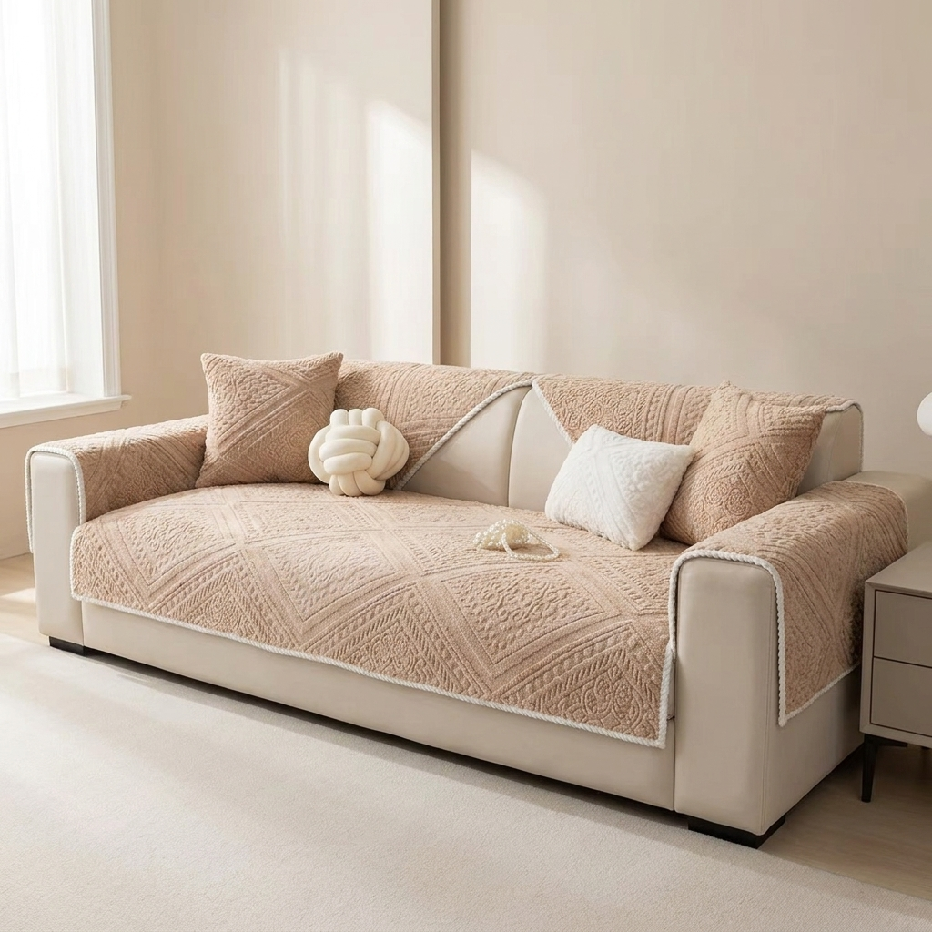 Beige sofa with textured cover and decorative pillows in a living room setting.
