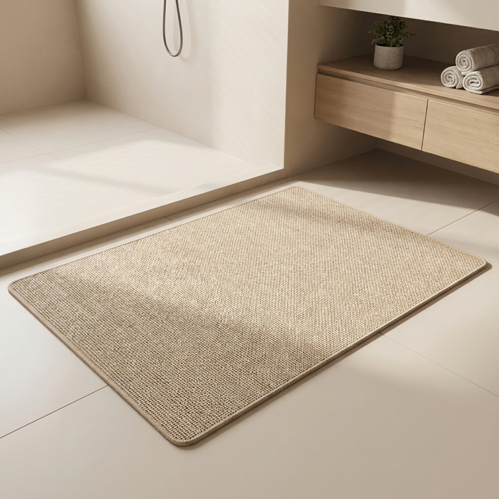 Beige bath mat on a tiled bathroom floor with wooden cabinet and towels in the background.