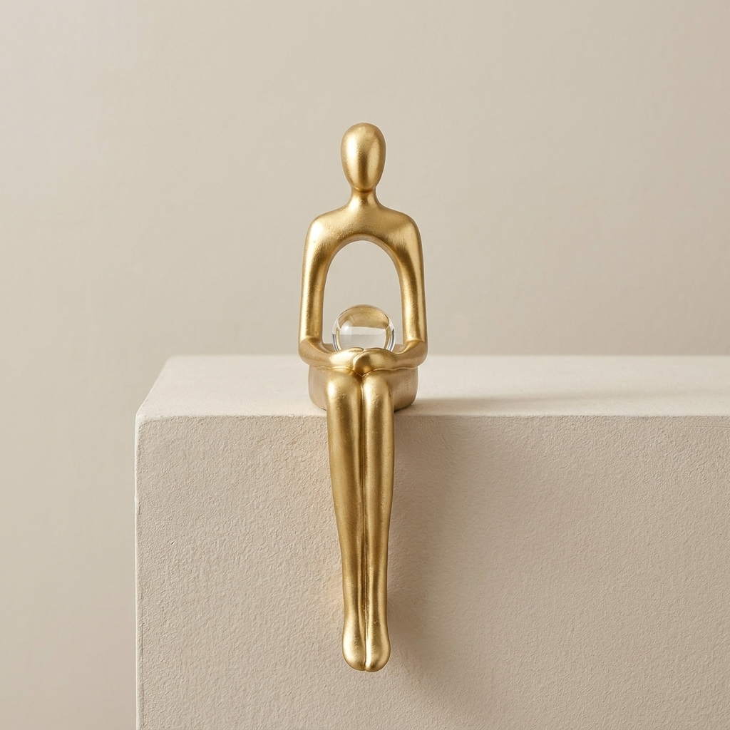 Gold sculpture of a seated figure on a beige surface