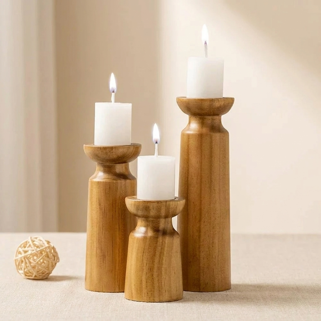 Pillar Candle Holder Set, Natural Pine Wood, Three Heights, 4cm Candle Fit