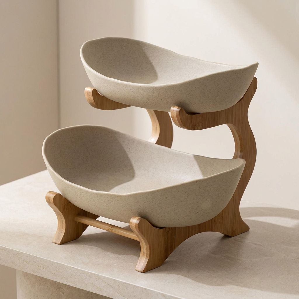 Tiered Fruit Stand, Bamboo Frame, Plastic Bowls, Available in 2 or 3 Tiers
