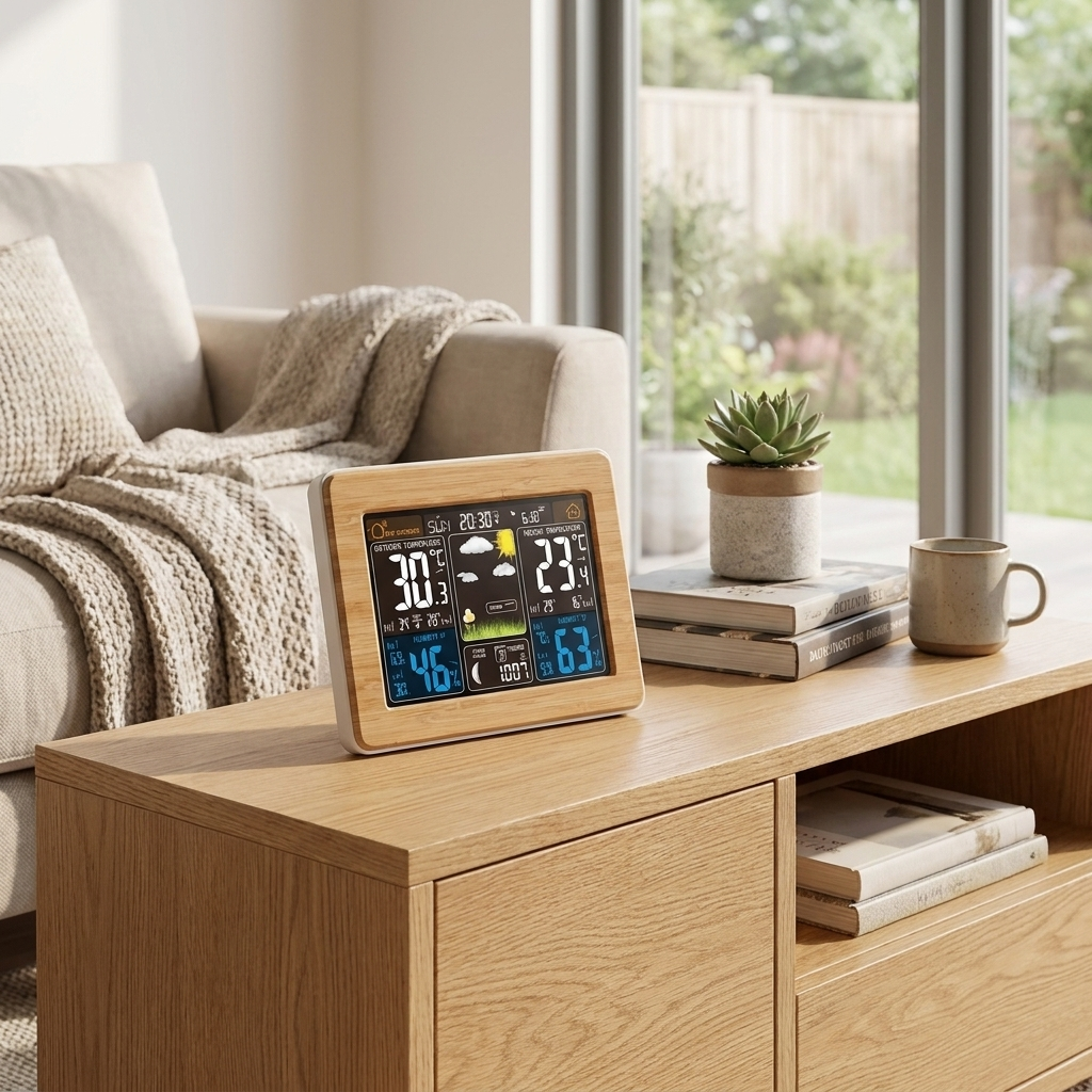 Digital weather station on a wooden table with a cozy living room background