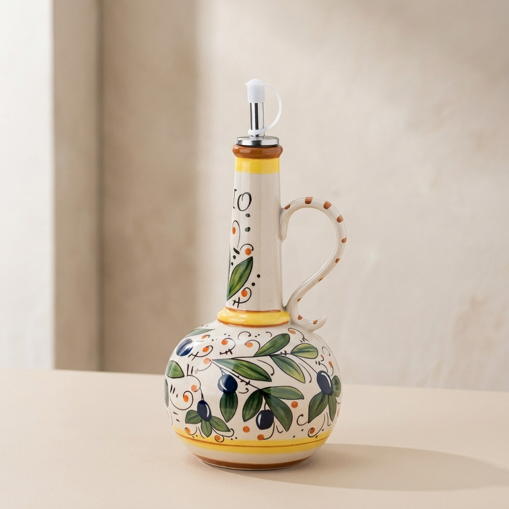 Oil Dispenser Bottle Ceramic 700ml Stainless Steel Spout Floral Design