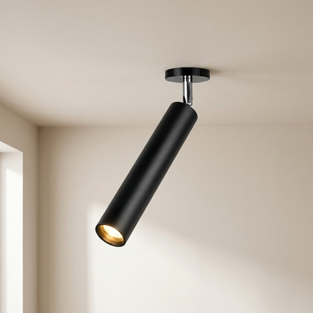 Black cylindrical ceiling light fixture on a beige ceiling