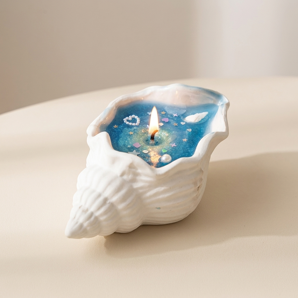 Candle in a shell with a blue wax design on a beige background