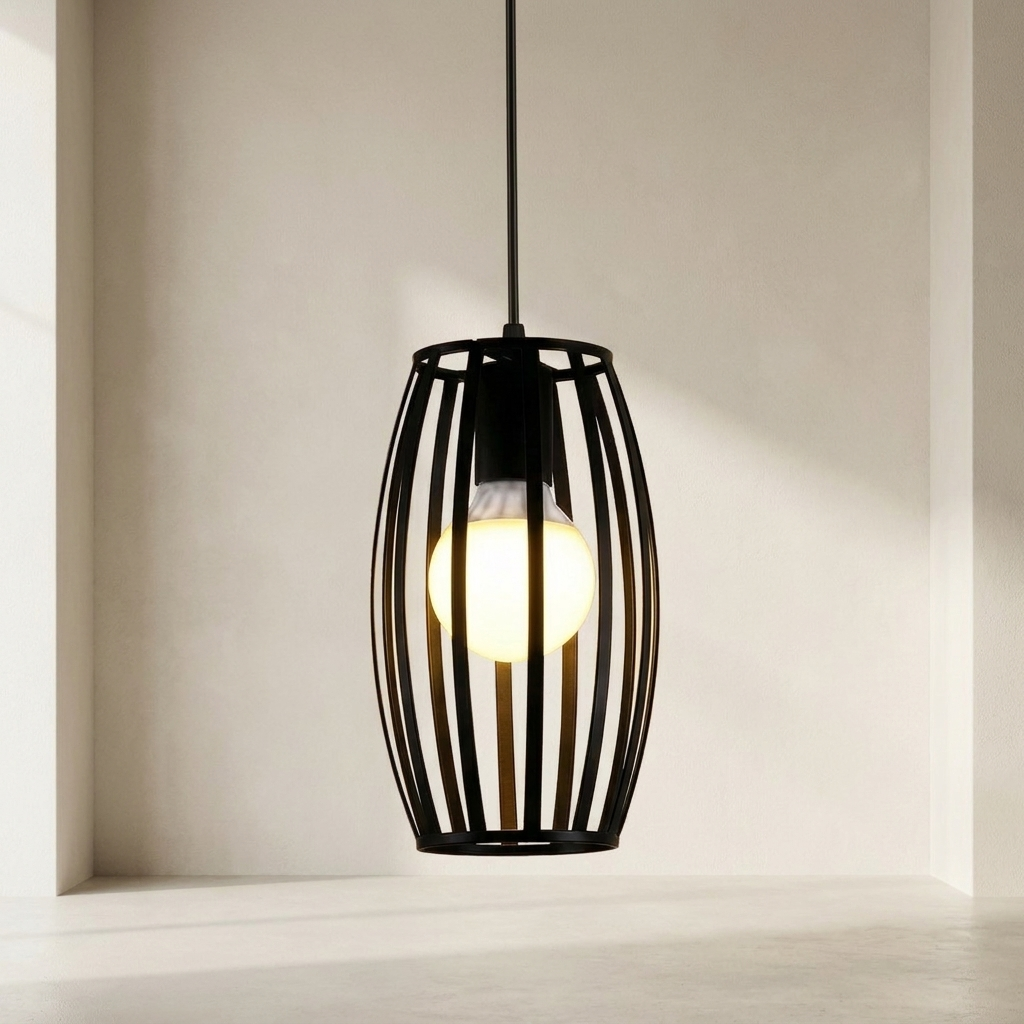Modern black pendant light with a lit bulb against a neutral background