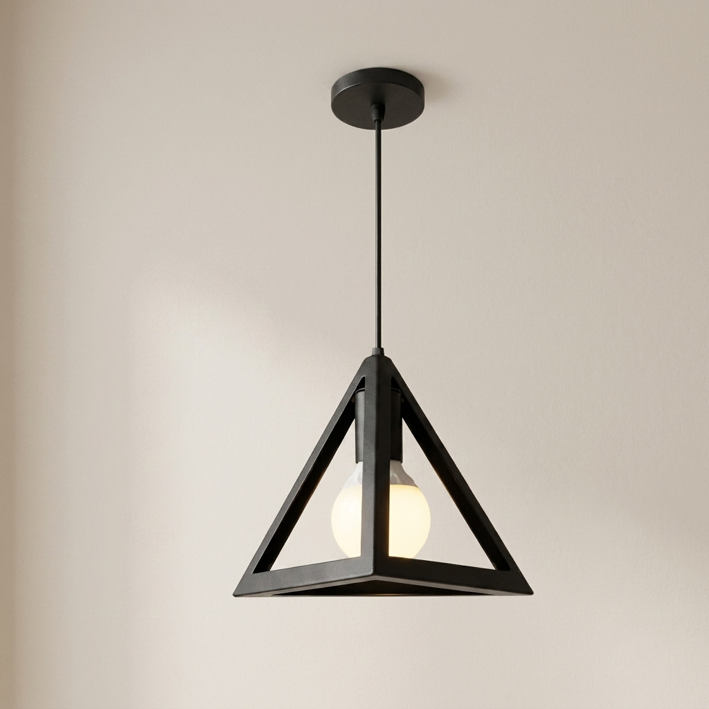 Black pendant light with a triangular frame on a beige background