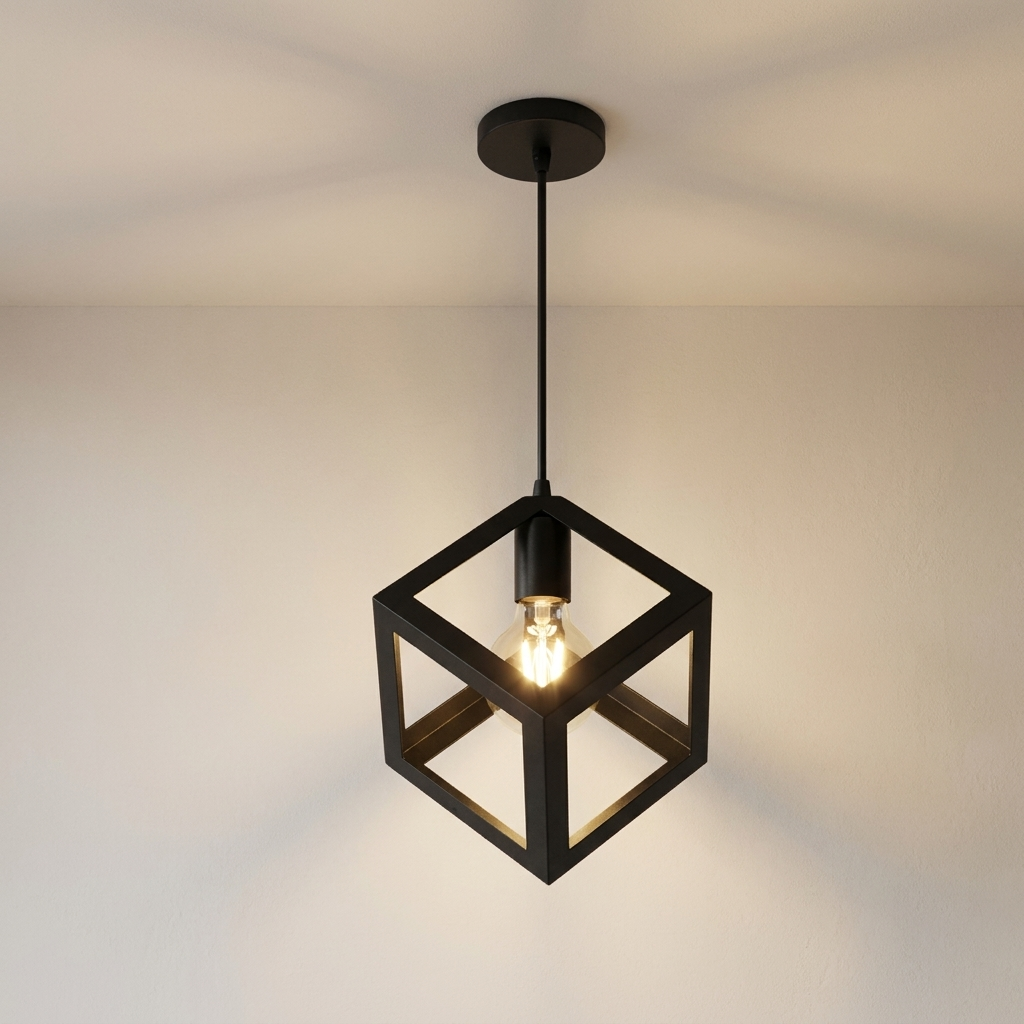 Black cube-shaped pendant light hanging from a ceiling