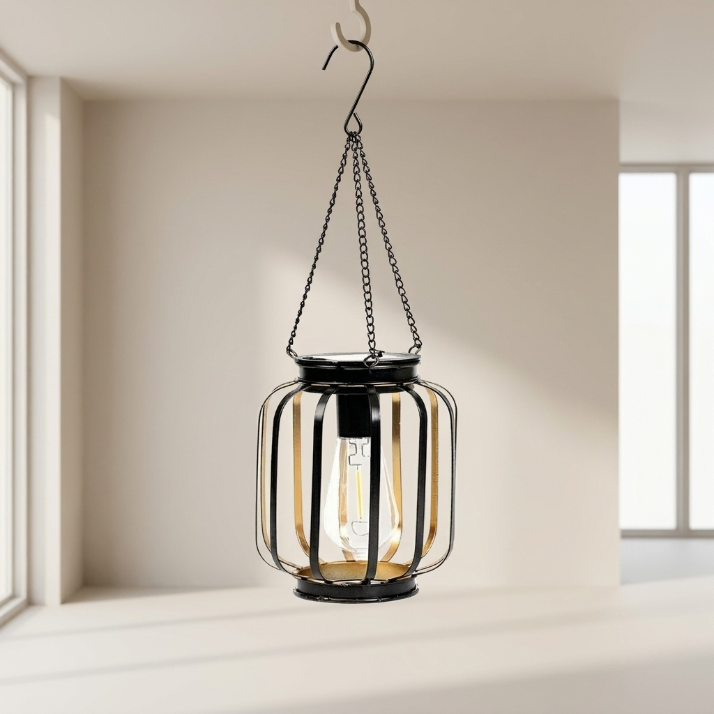 Black lantern with clear glass shade hanging in a room with light-colored walls and windows.
