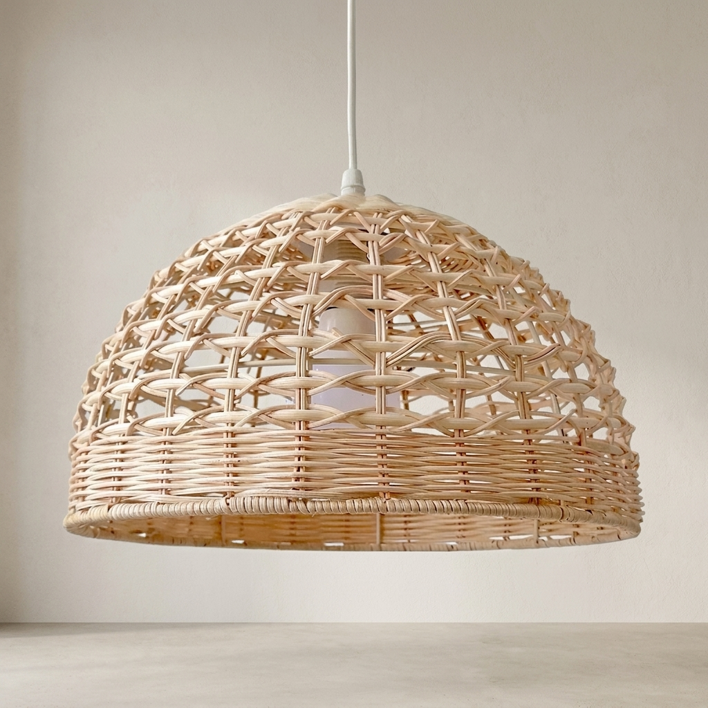 Woven rattan pendant light against a neutral background