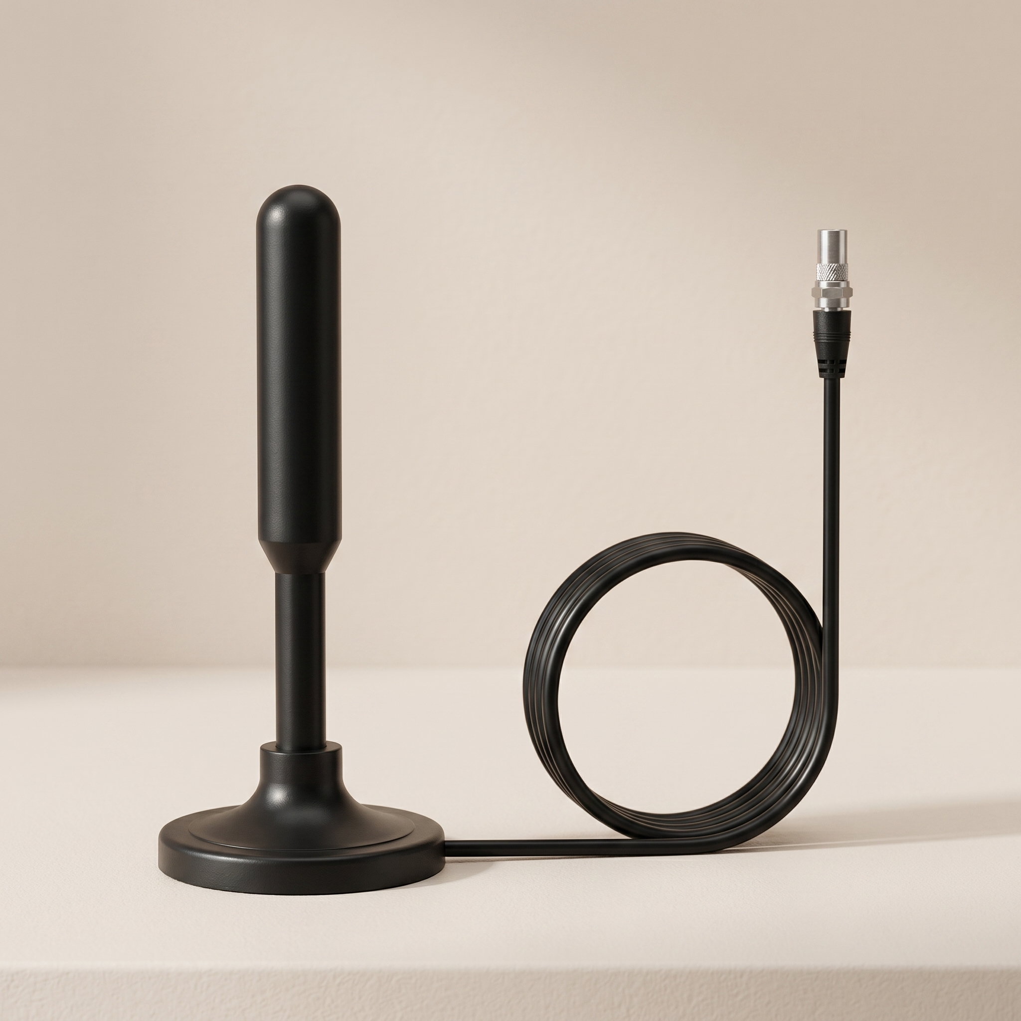 Black antenna with coiled cable on a beige background