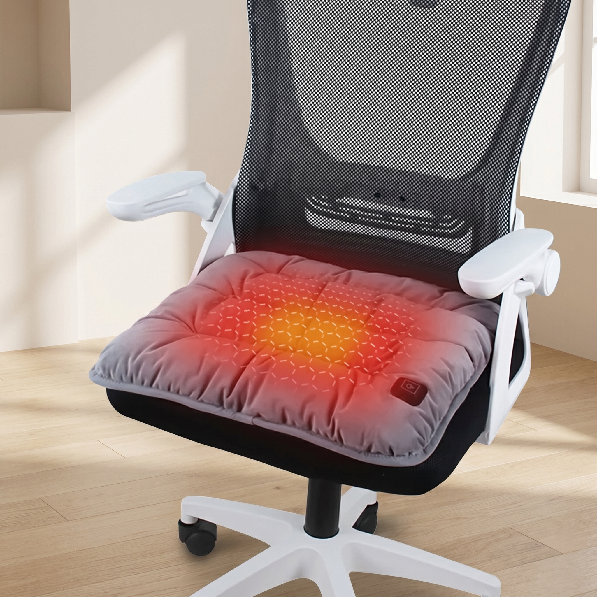 Heated office chair cushion on a mesh office chair with a neutral background