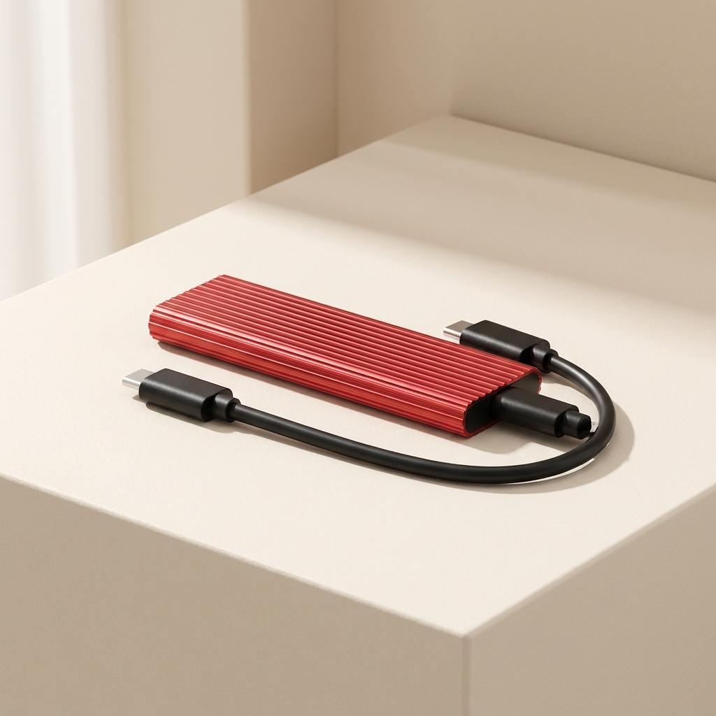 Red external hard drive with USB cable on a beige surface