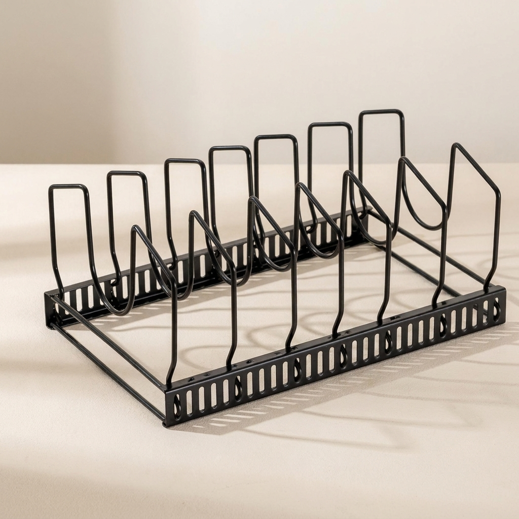 Black metal bottle rack on a beige surface