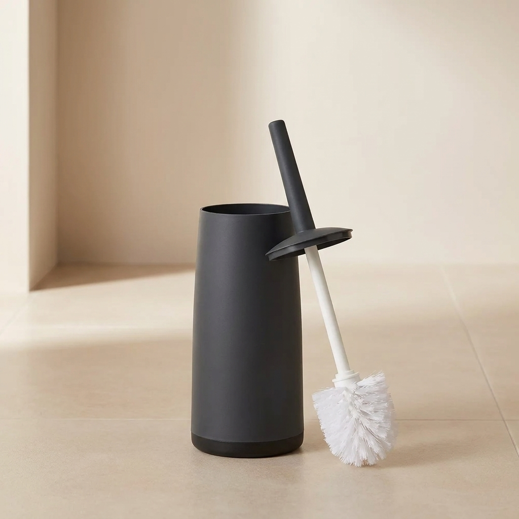 Black toilet brush holder with a white brush on a beige floor.