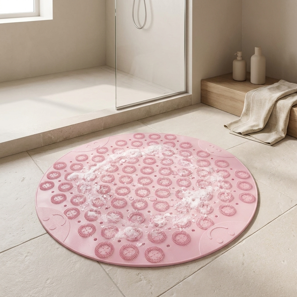 Round pink bath mat with floral patterns on a tiled bathroom floor.