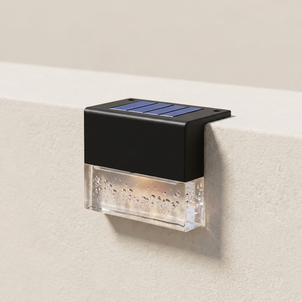 Solar-powered outdoor light fixture on a wall
