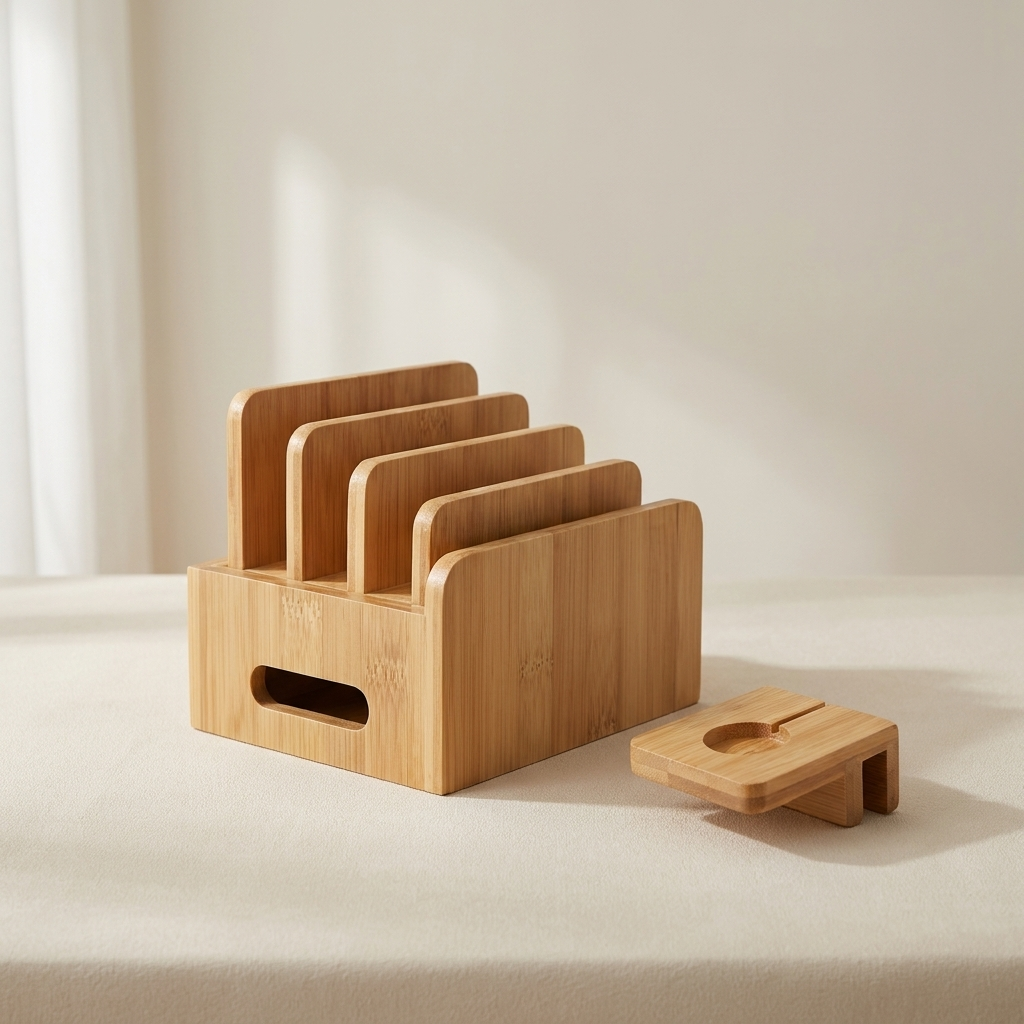 Wooden drink coaster set with holder on a light background