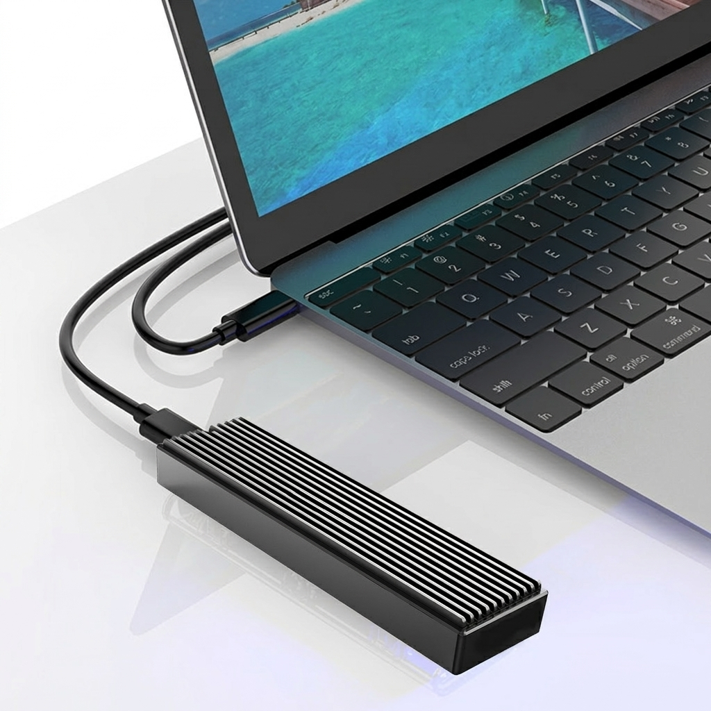 Laptop with a USB-C extension cable on a white surface