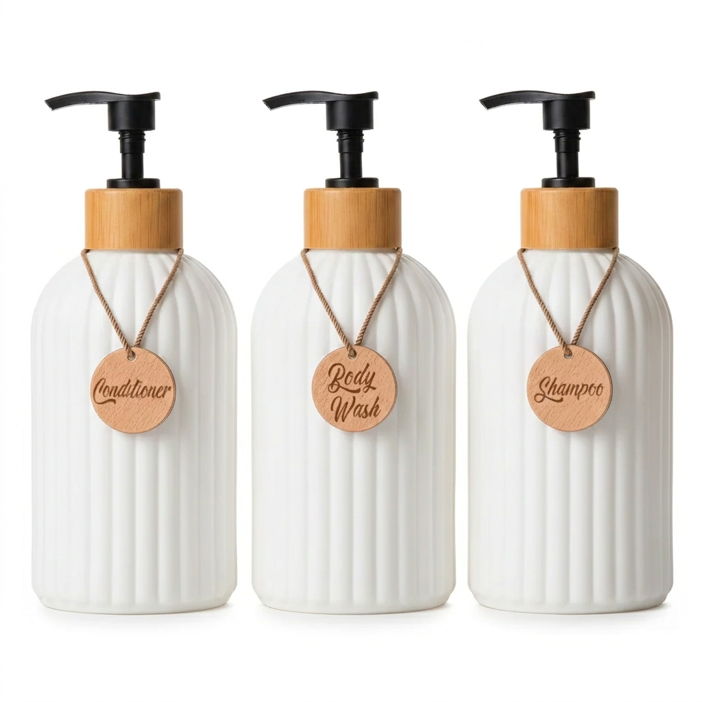 Refillable Shampoo Bottle Set with Pump Dispensers – 3-Piece Black and White Bathroom Organizer