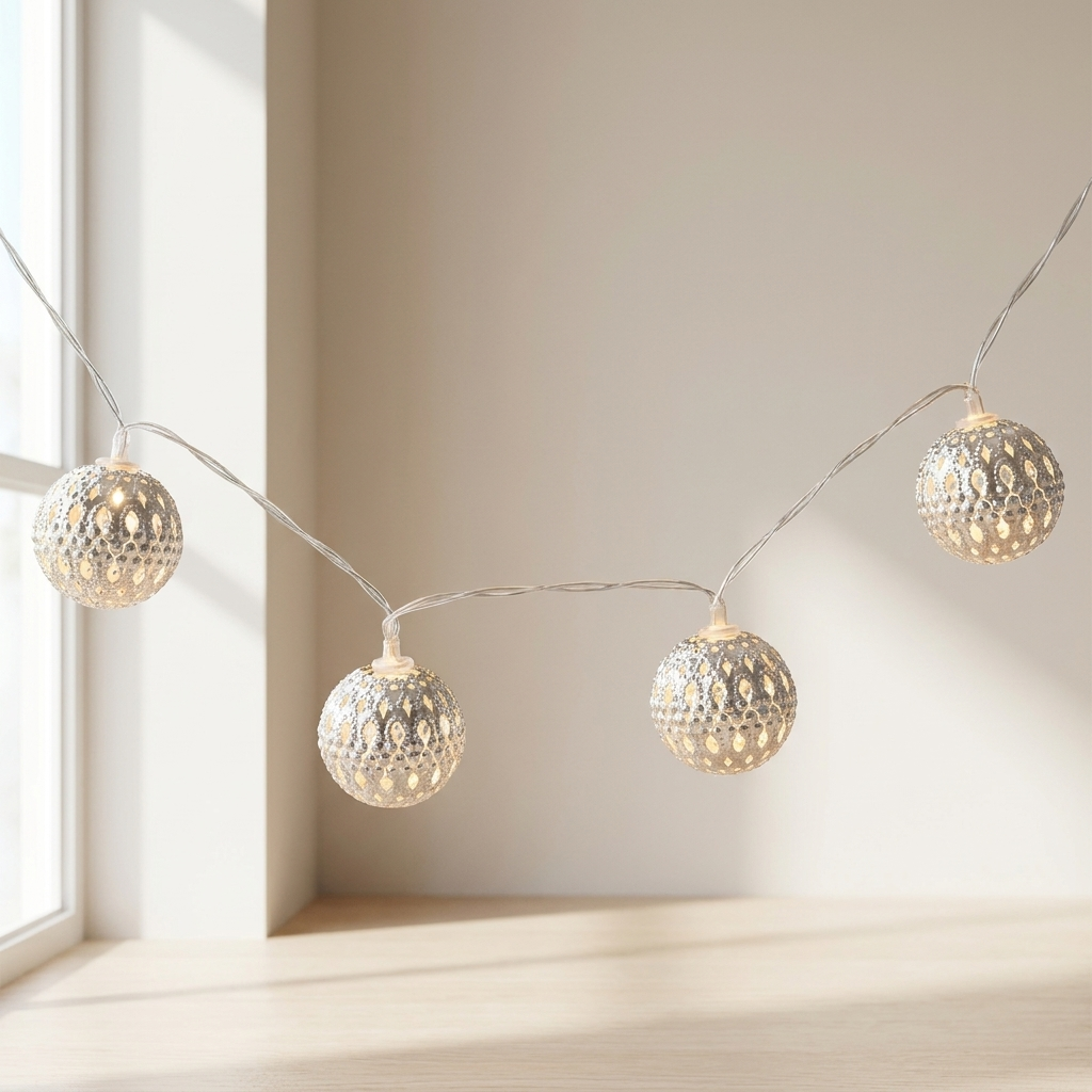String of decorative lights with metallic globe bulbs hanging against a neutral wall.