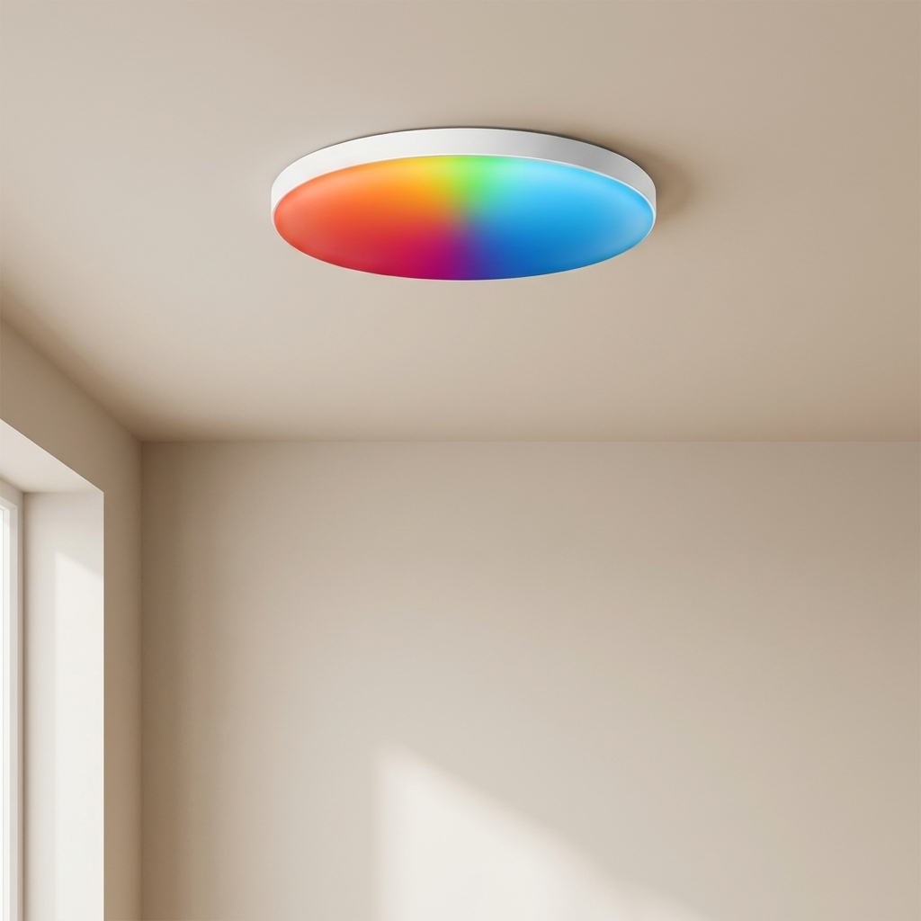 Colorful ceiling light fixture in a room with neutral walls and a window.