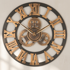 Decorative wall clock with Roman numeral markers and gear design on a beige background