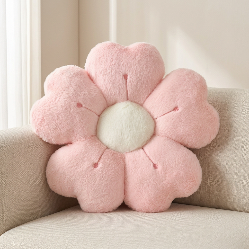 Pink flower-shaped cushion on a beige sofa