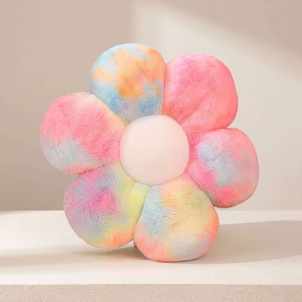 Pastel-colored flower-shaped pillow on a neutral background