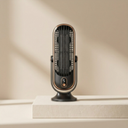 Black and bronze portable fan on a beige platform with a beige background