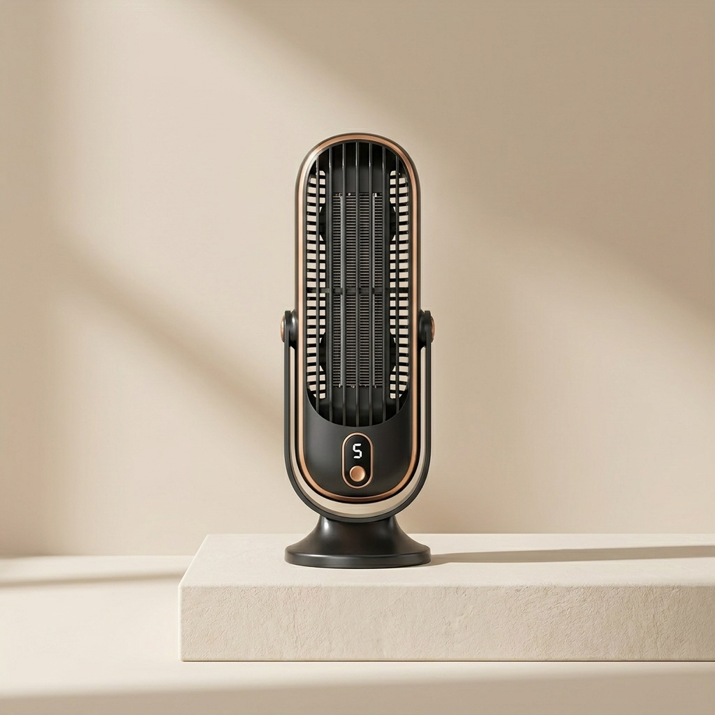 Black and bronze portable fan on a beige platform with a beige background