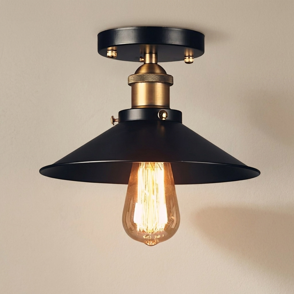 Ceiling light fixture with a black shade and exposed bulb on a beige background