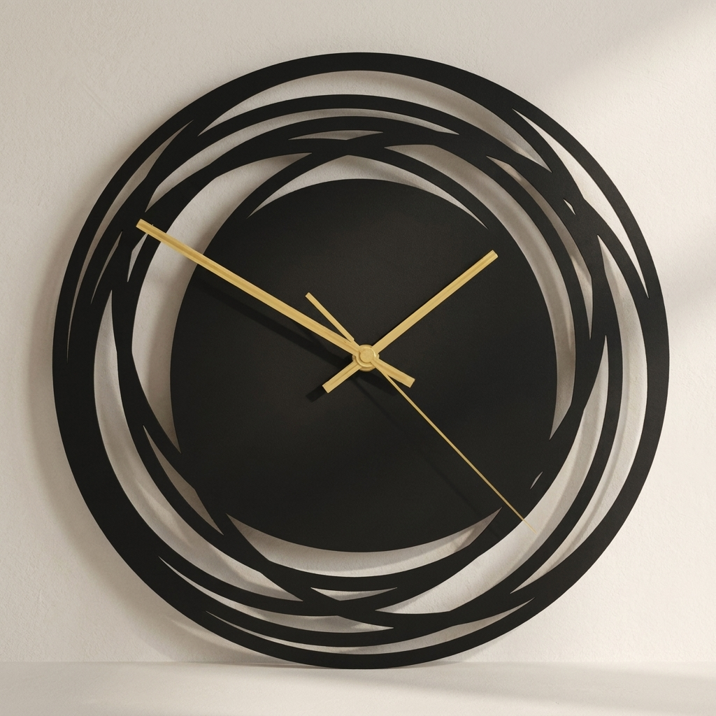 Modern wall clock with black and gold design on a neutral background