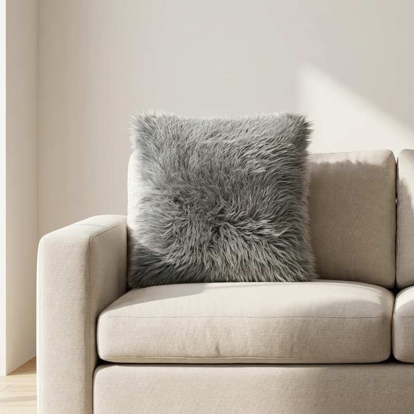 Beige sofa with a fluffy gray pillow in a minimalistic living room.