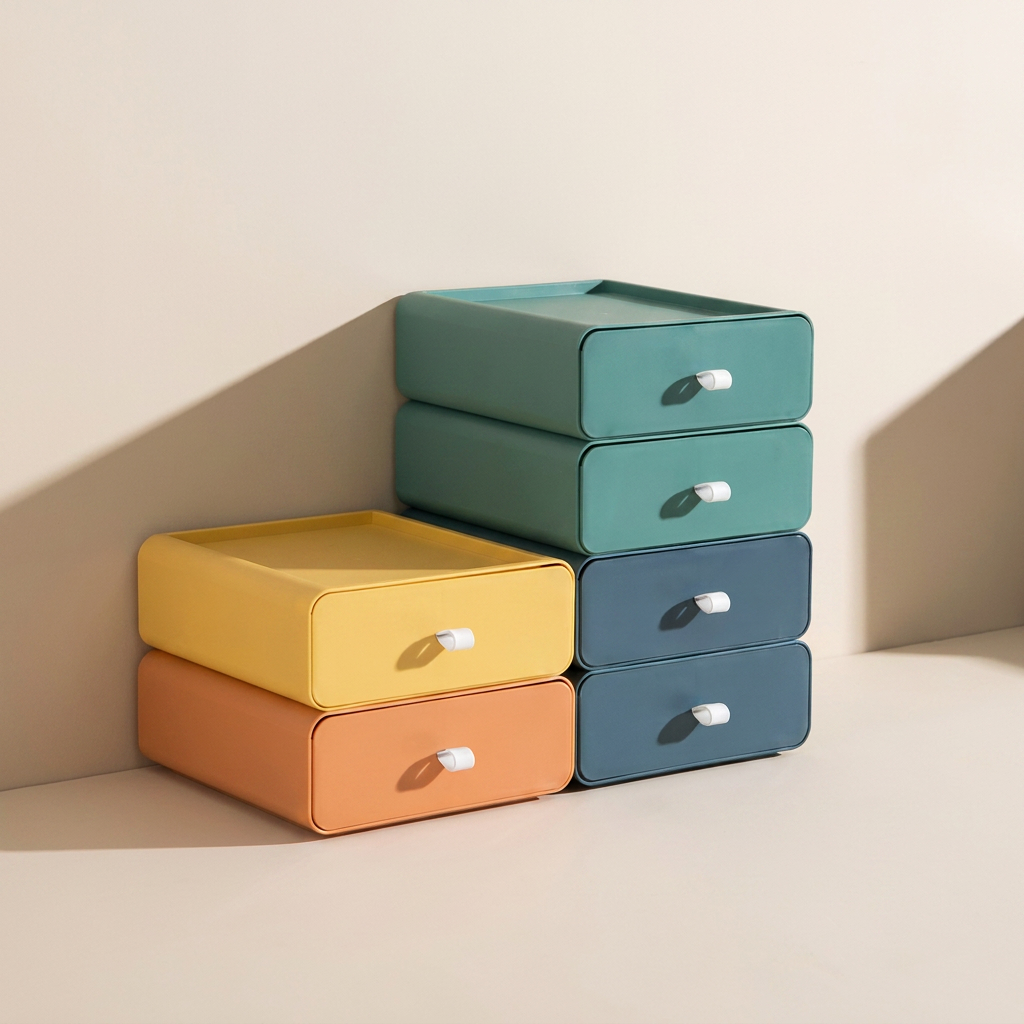 Stack of colorful storage boxes with white handles on a neutral background