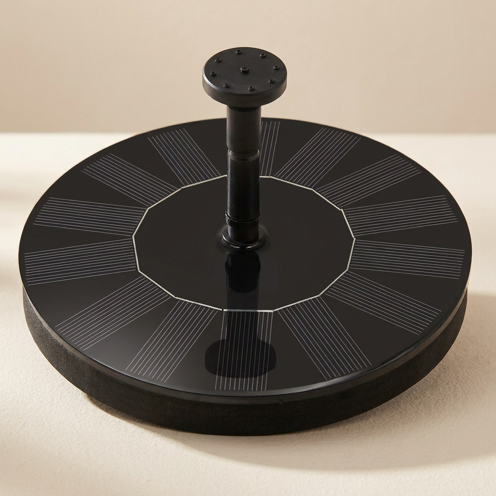 Black circular solar panel on a beige background