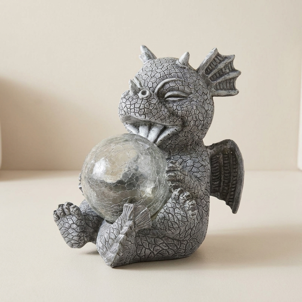Decorative stone creature with wings and a crystal ball on a beige surface