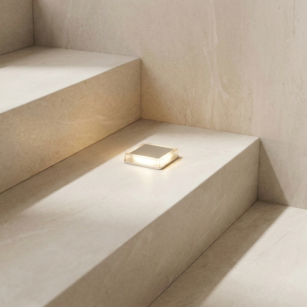 Square light fixture on a beige staircase